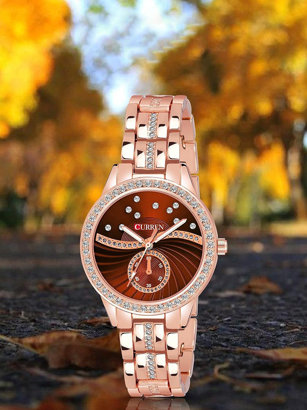Curren Unisex Embellished Dial & Bracelet Style Straps Analogue Watch CR-1342-Rose-Brown-picture-21