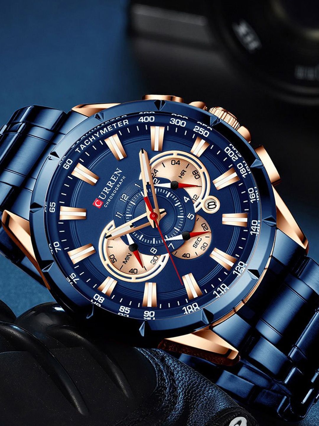 Curren Men Patterned Dial & Bracelet Chronograph Analogue Hybrid Watch CR-8363-Rose Blue-picture-3