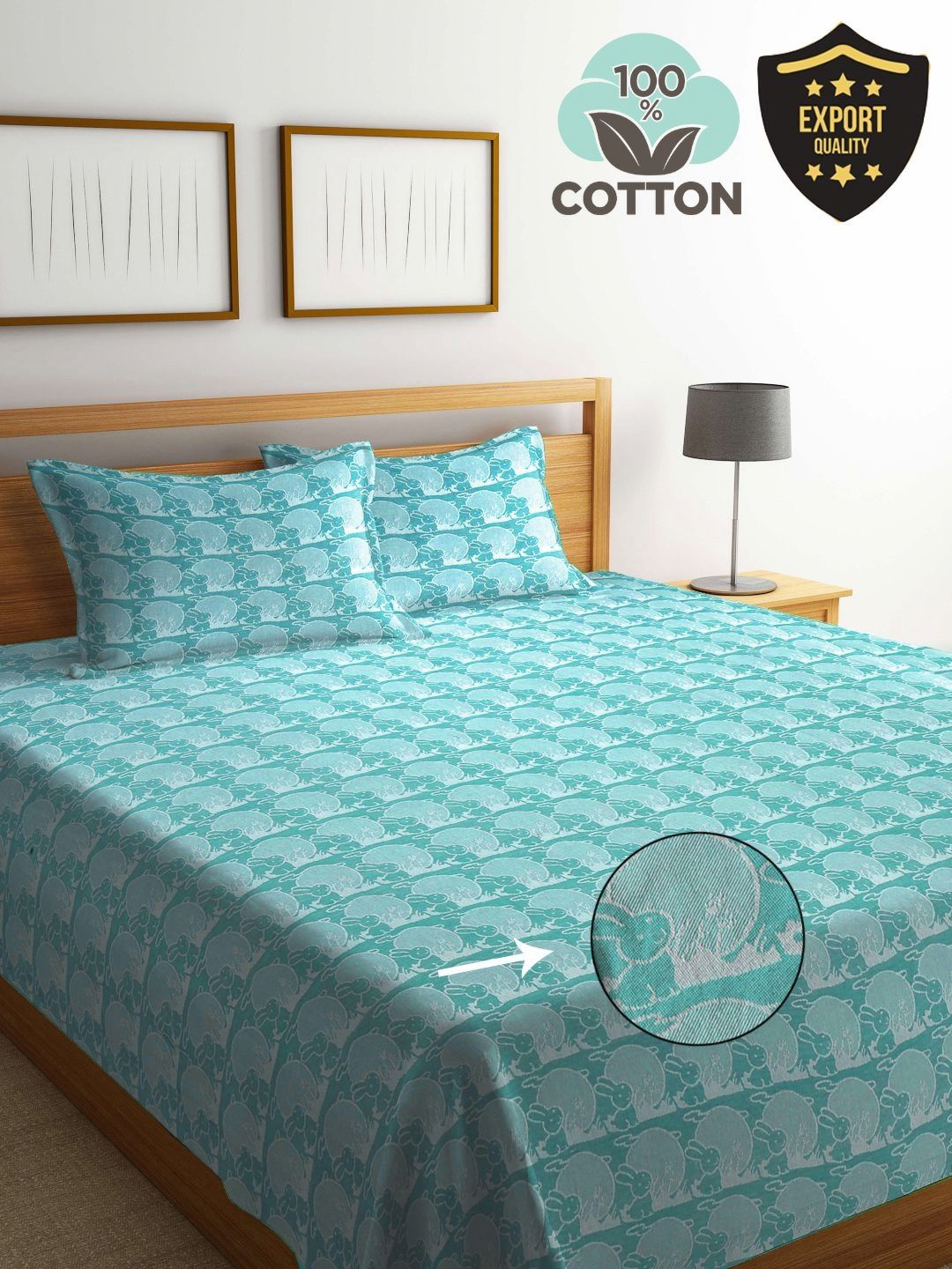 KLOTTHE Turquoise Blue Printed 400 TC Pure Cotton Double King Bedcover & 2 Pillow covers-image-9