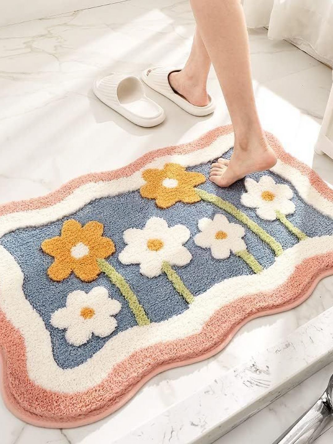 ROSEATE White & Yellow Printed 2000 GSM Anti Skid Bath Rug-image-8