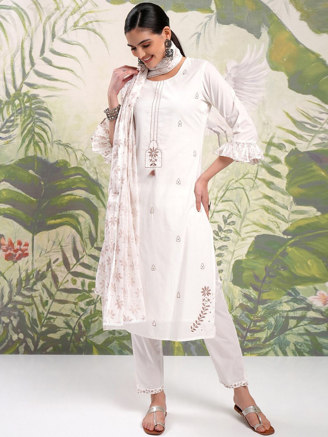 Vishudh Floral Printed Pure Cotton Straight Kurta & Trousers With Dupatta
