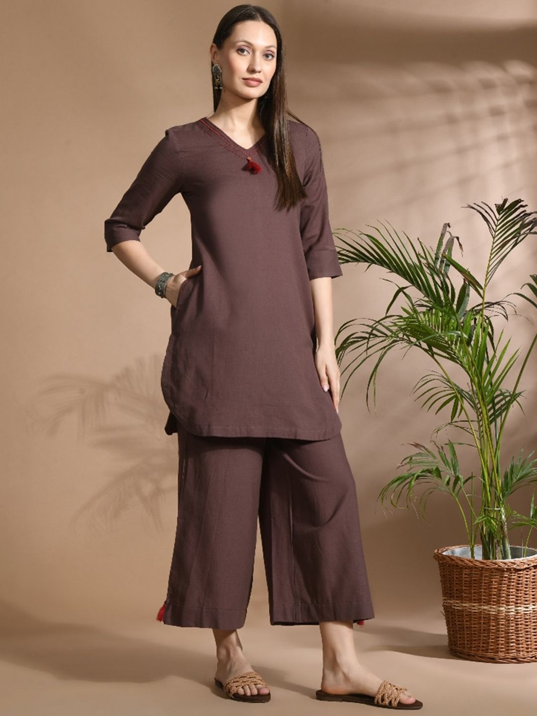 aayusika V-Neck Three-Quarter Sleeves Tunic & Palazzos Cotton Flax Co-Ords-picture-40