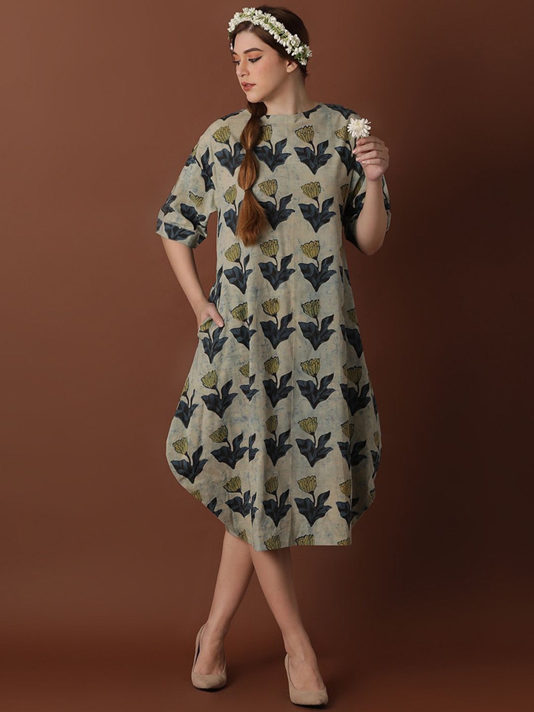 BLACK & BLAH BLAH Ajrak Handblock Printed Relaxed Fit Cotton Flared Maxi Ethnic Dress-picture-34