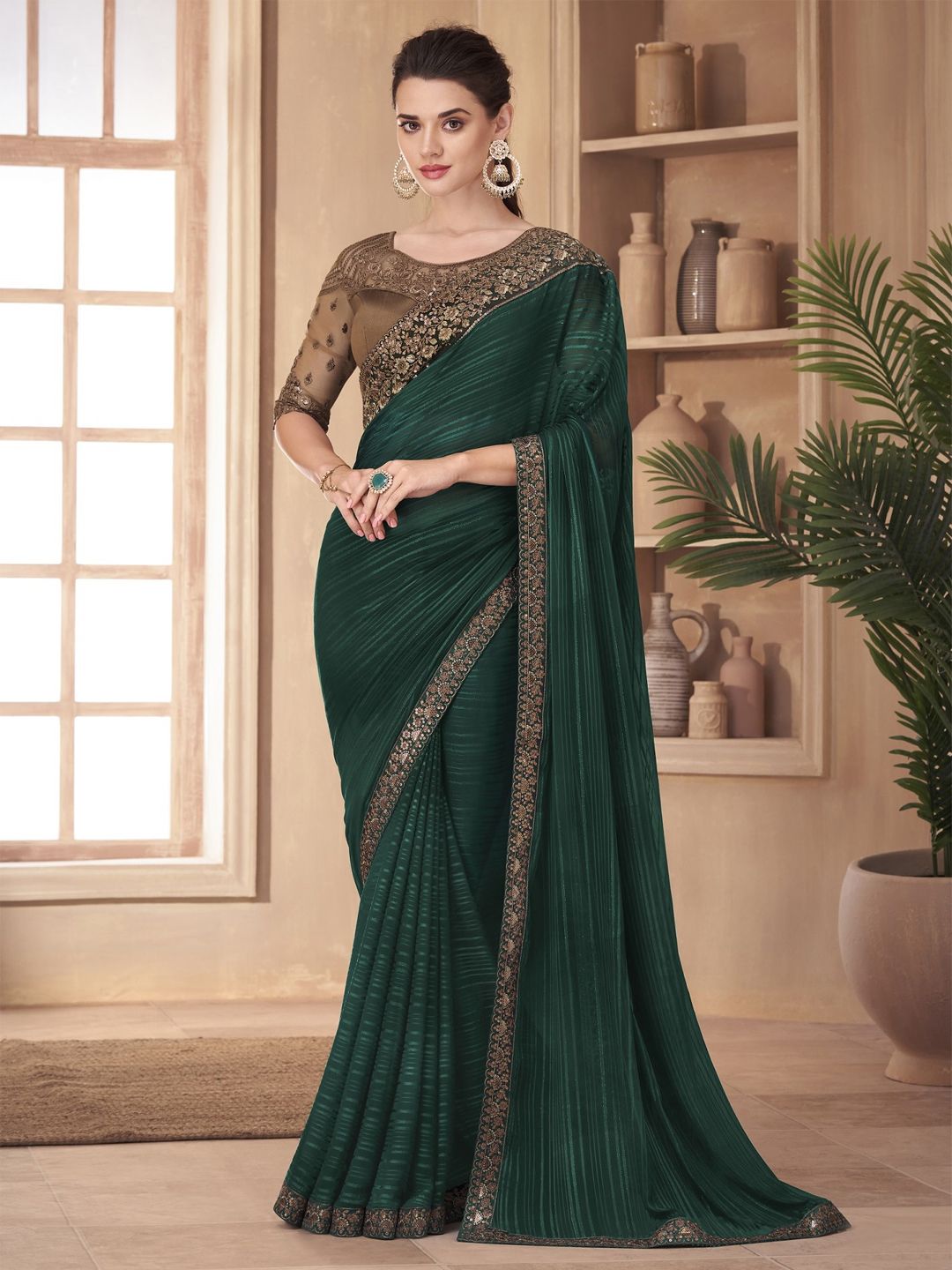 Trendmalls Striped Sequinned Pure Chiffon Saree-picture-0