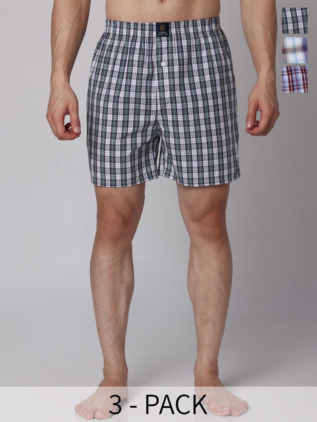 URBAN SCOTTISH Pack Of 3 Checked Cotton Boxers USBX2468-image-48