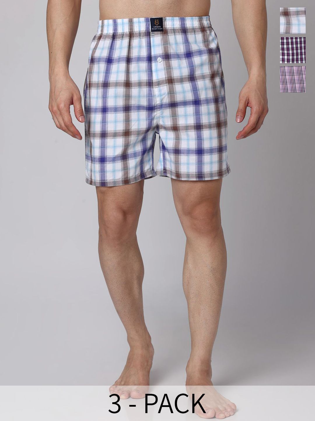 URBAN SCOTTISH Pack Of 3 Checked Cotton Boxers USBX2469-image-29