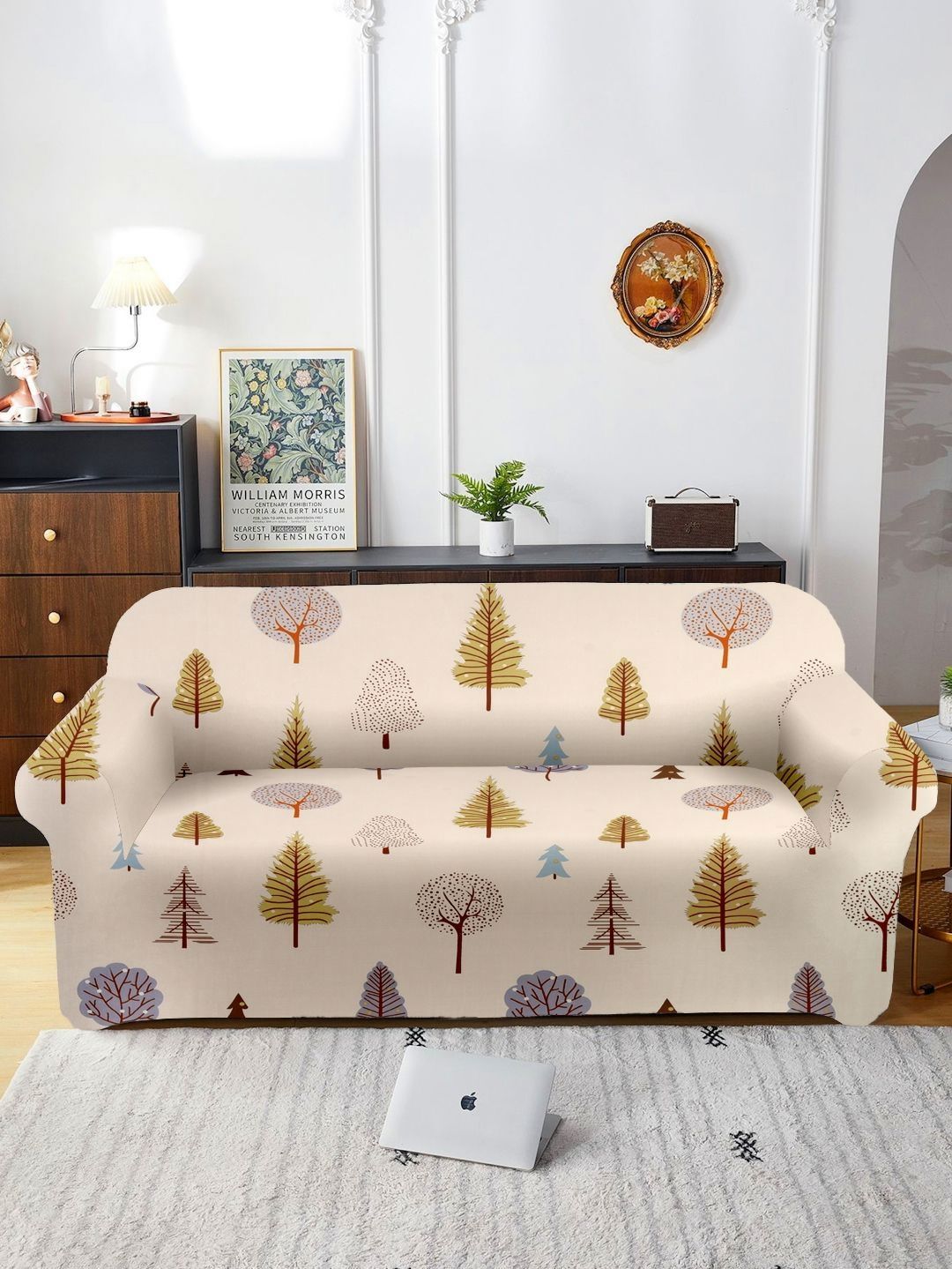 Cortina Beige 3 Pieces Printed Elasticated 5 Seater Sofa Cover With Arms-image-42