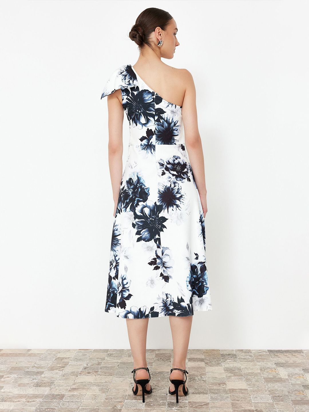 A-Line Satin Floral One Shoulder Long Sleeveless Dress Marigold