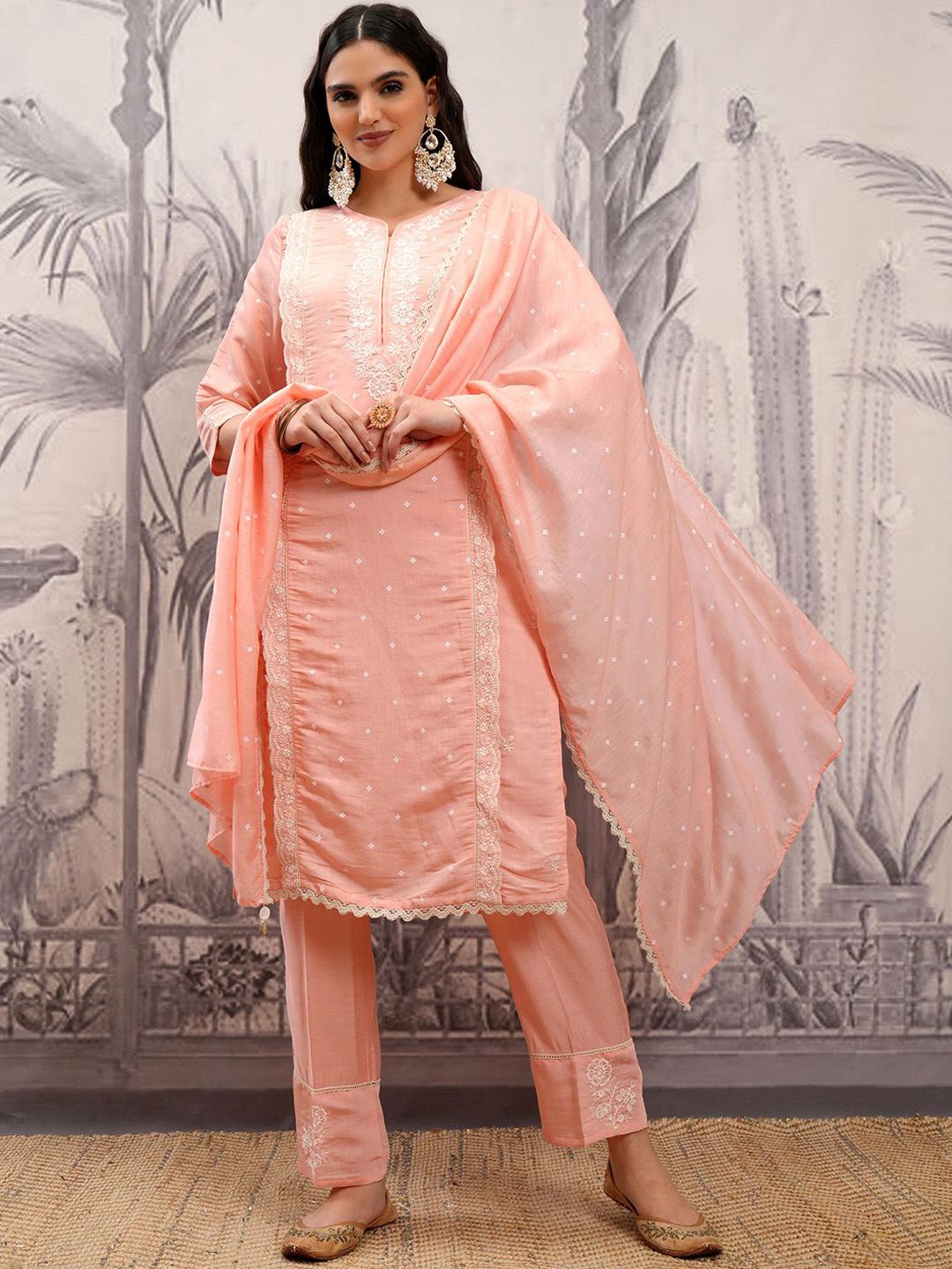 Floral Embroidered Thread Work Straight Kurta With Trousers & Dupatta