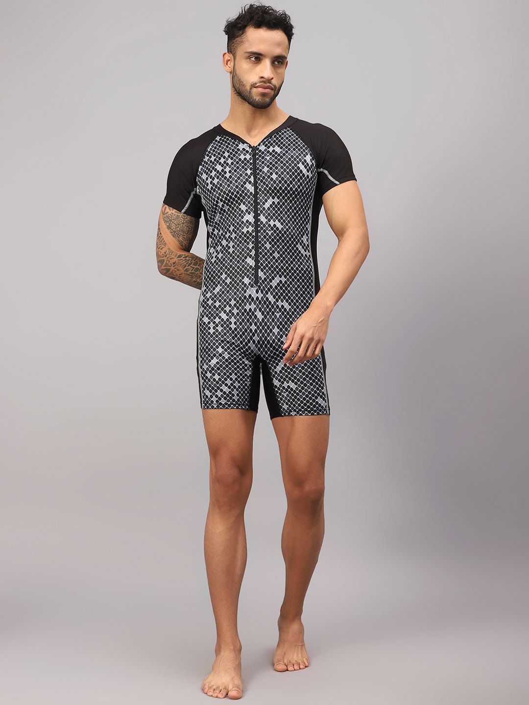 VECTOR X Men Abstract Printed V-Neck Bodysuit Swimwear-picture-28