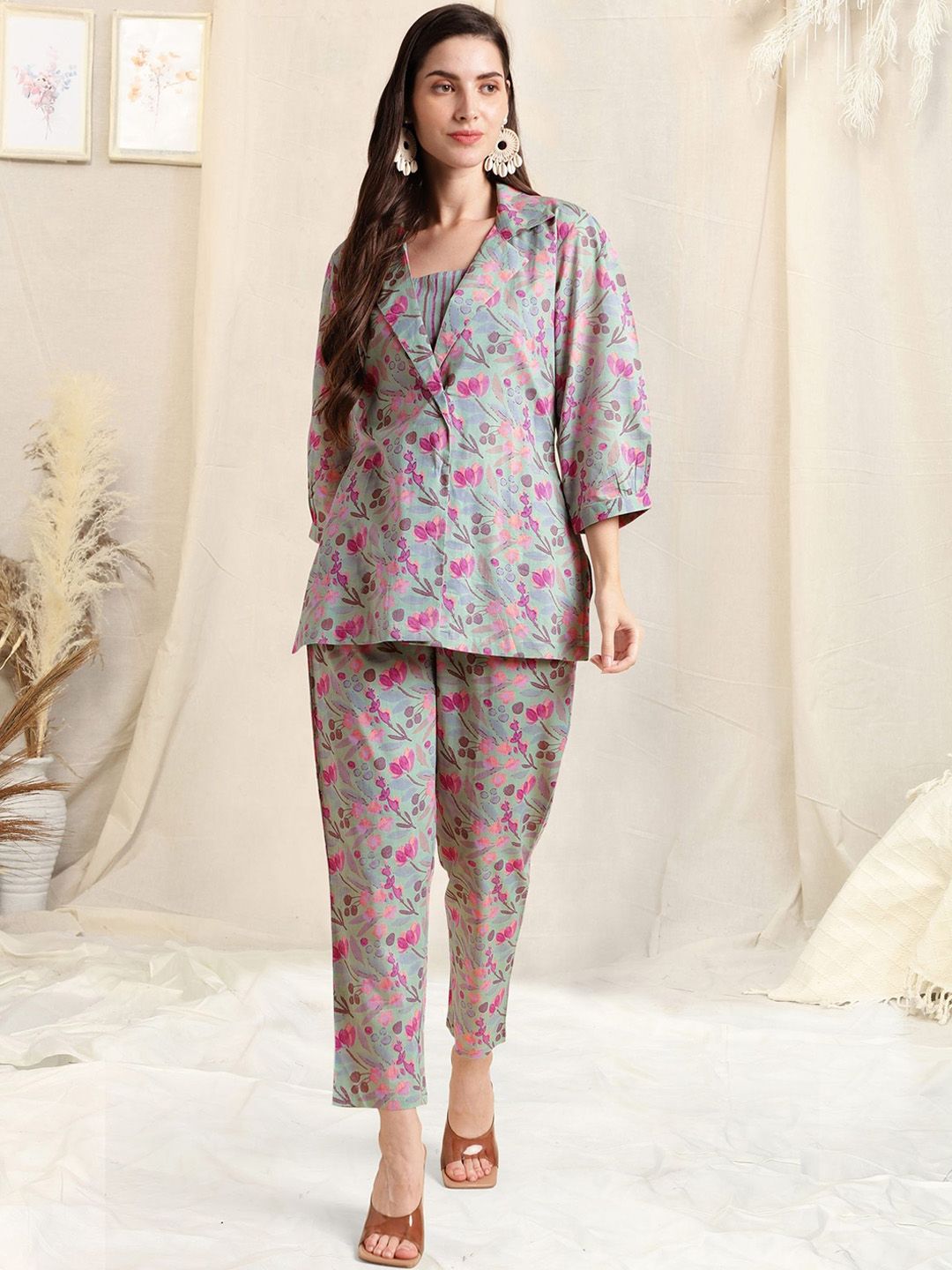 KALINI Floral Printed Round Neck Pure Cotton Top With Jacket  & Trousers-picture-12