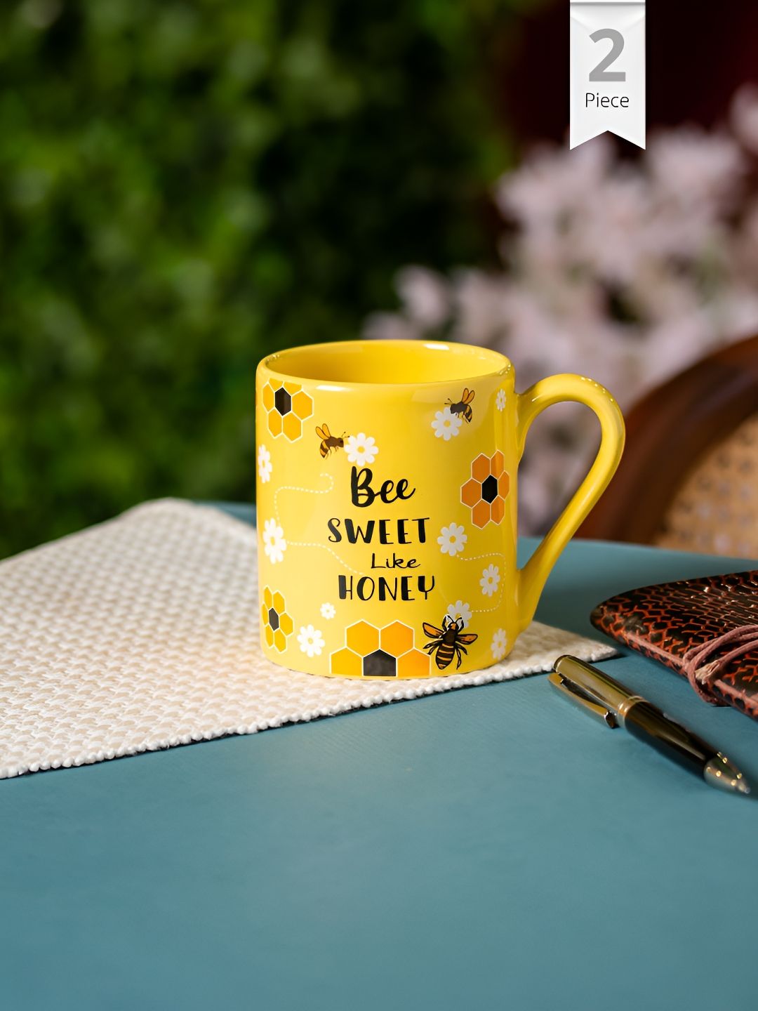 CLAY CRAFT Yellow & Black 2 Pieces Printed Ceramic Glossy Mugs 350 ml Each-image-22