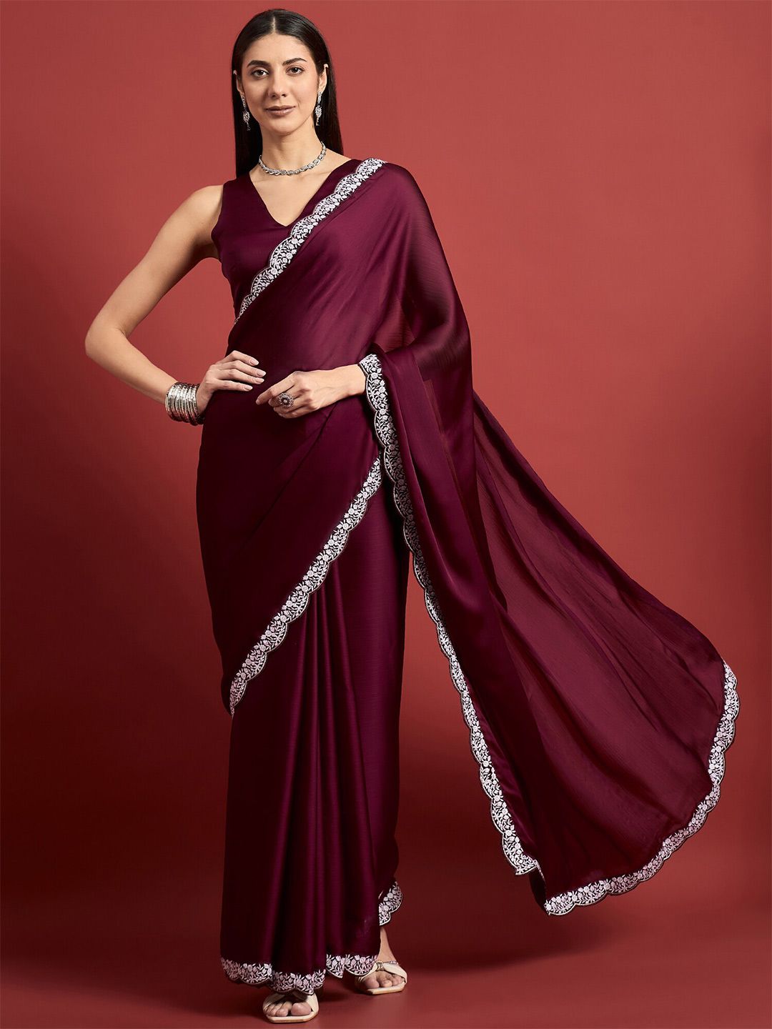 all about you Embroidered Satin Saree