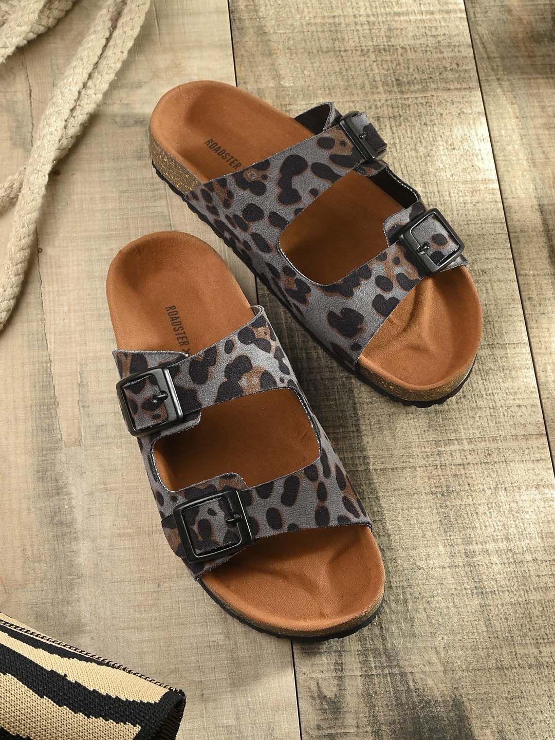 The Roadster Lifestyle Co. Grey & Black Printed Open Toe Flats with Buckles-picture-26