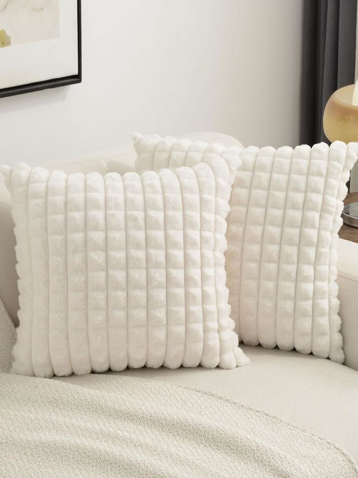 MONKDECOR White 2 Pieces Checked Velvet Square Cushion Covers-image-28