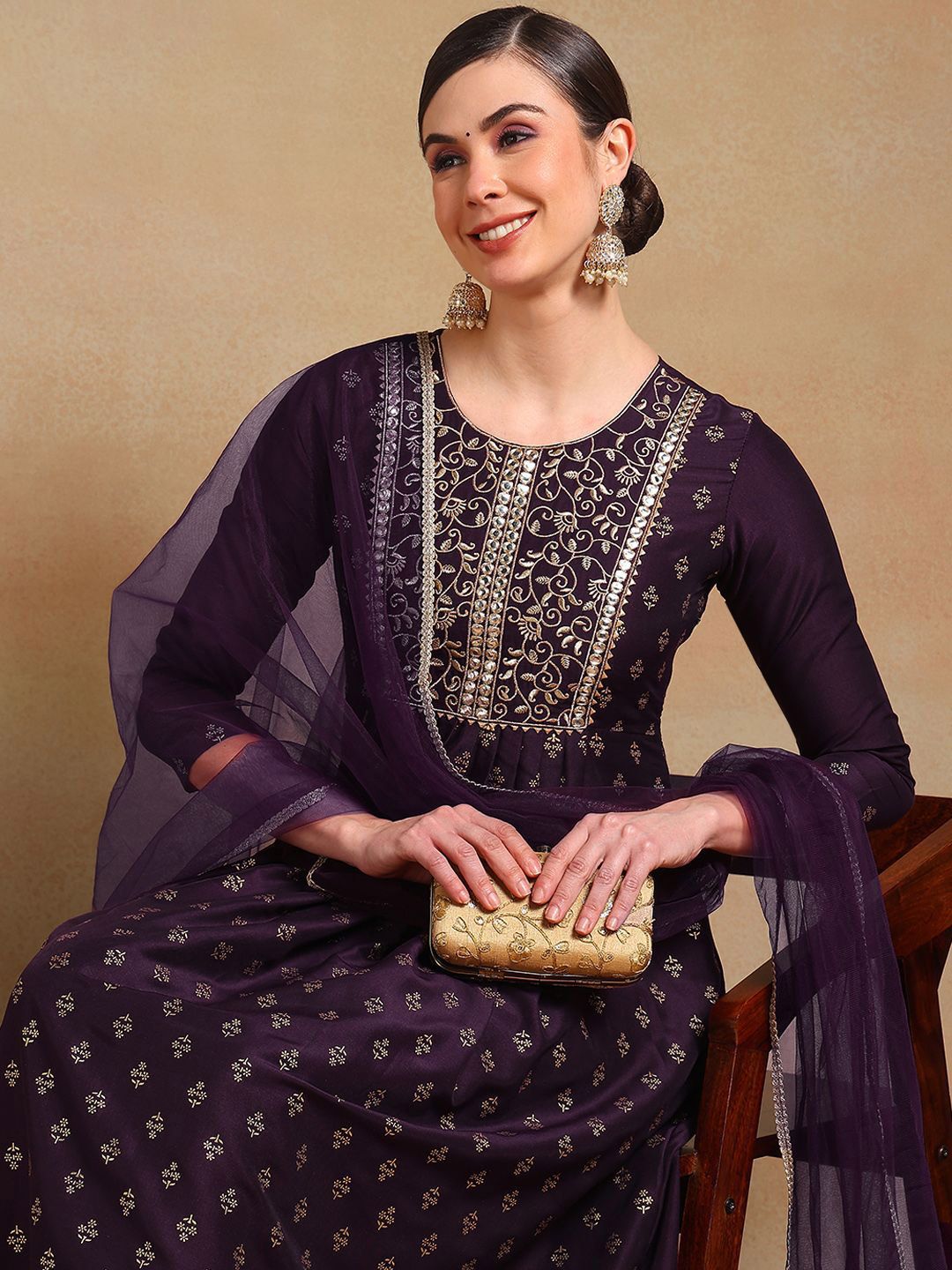 KALINI Floral Printed Empire Mirror Work Kurta with Trousers & Dupatta-image-16