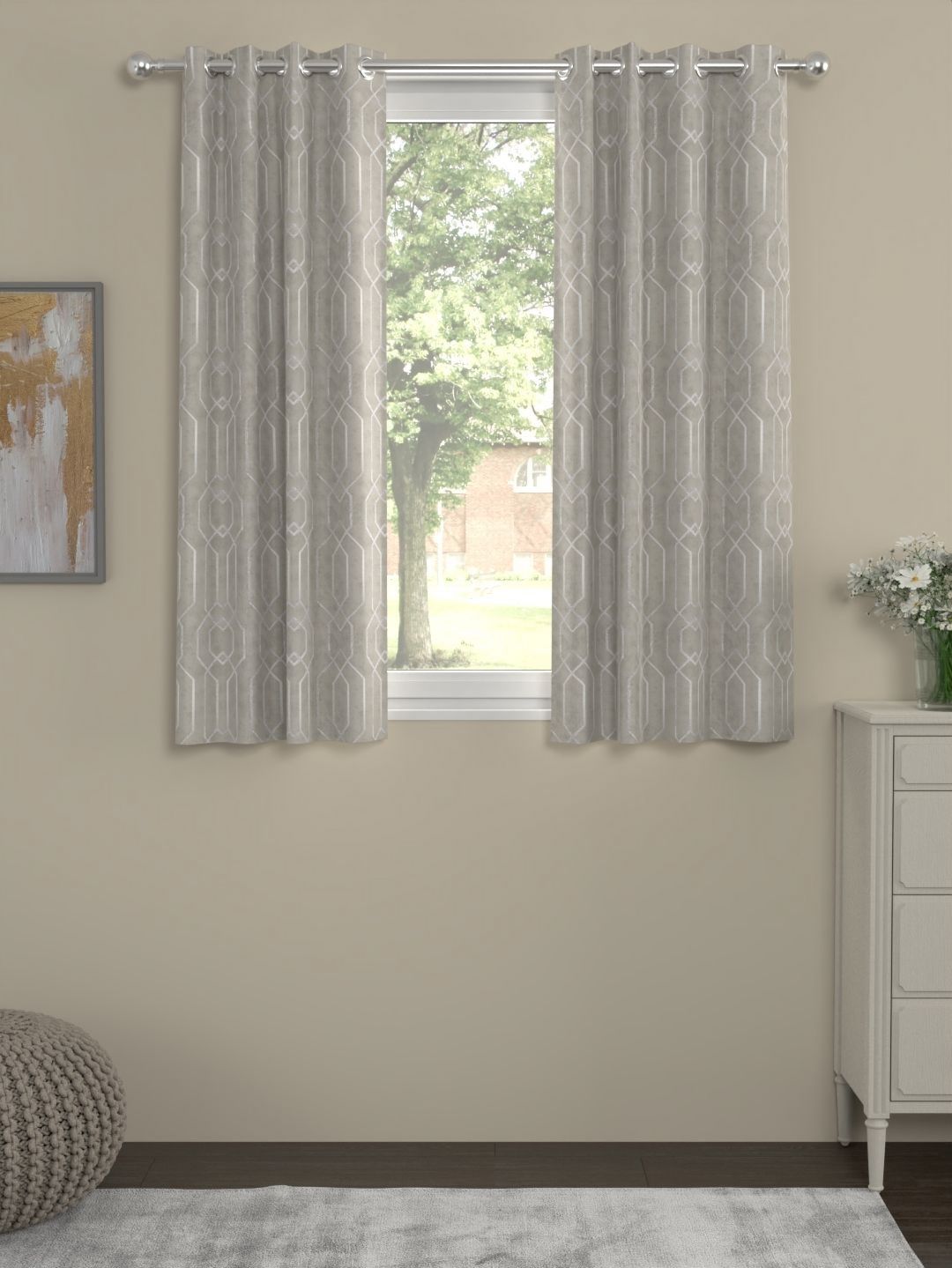 ROSARA HOME Grey & White 2 Pieces Geometric Printed Velvet Window Curtains-image-16