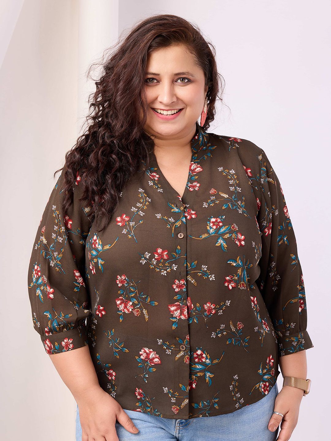 RACHNA Plus Size Standard Floral Printed Band Collar Casual Shirt-picture-12