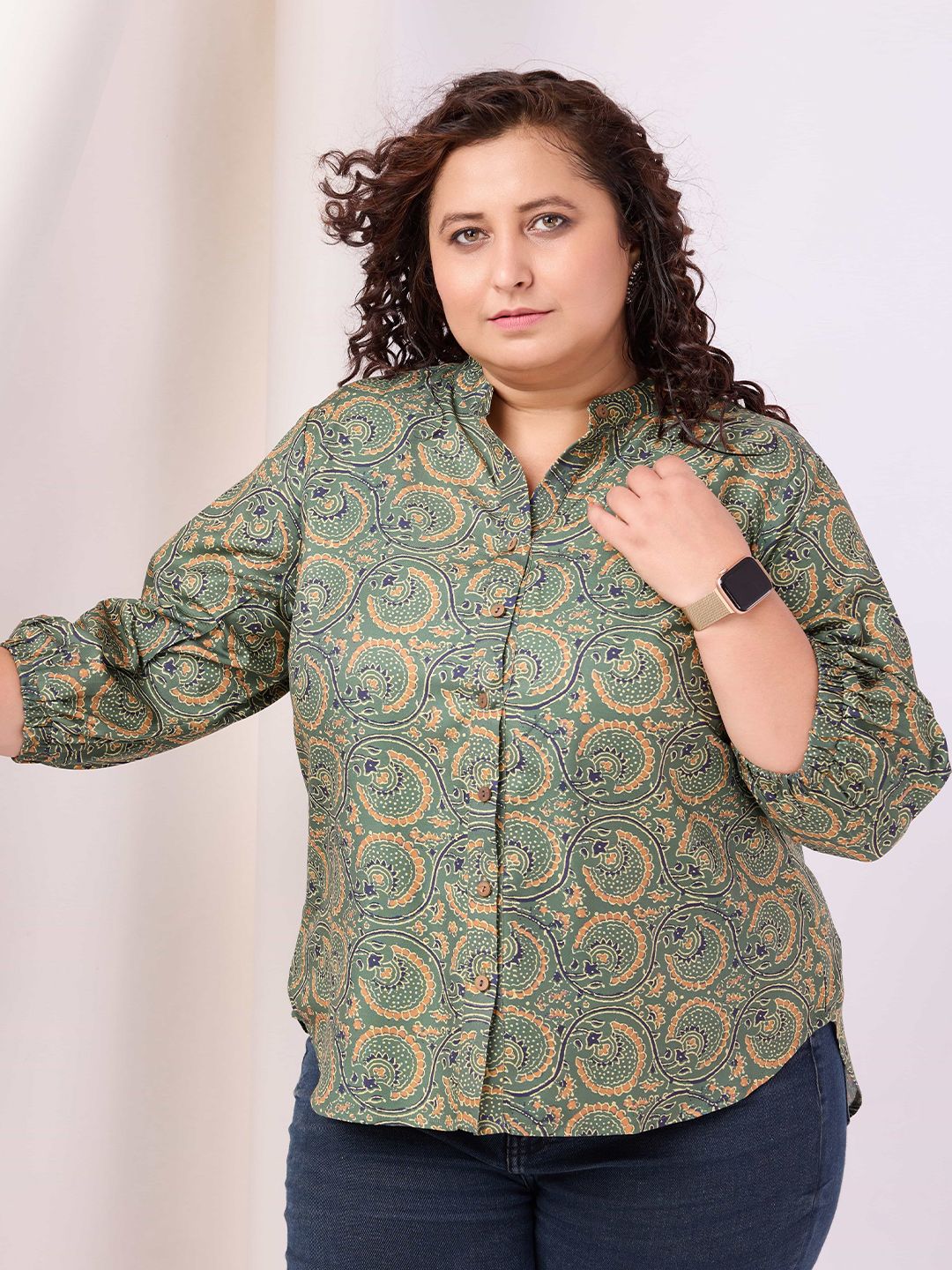 RACHNA Plus Size Spread Collar Floral Printed Puff Sleeves Casual Shirt-picture-15