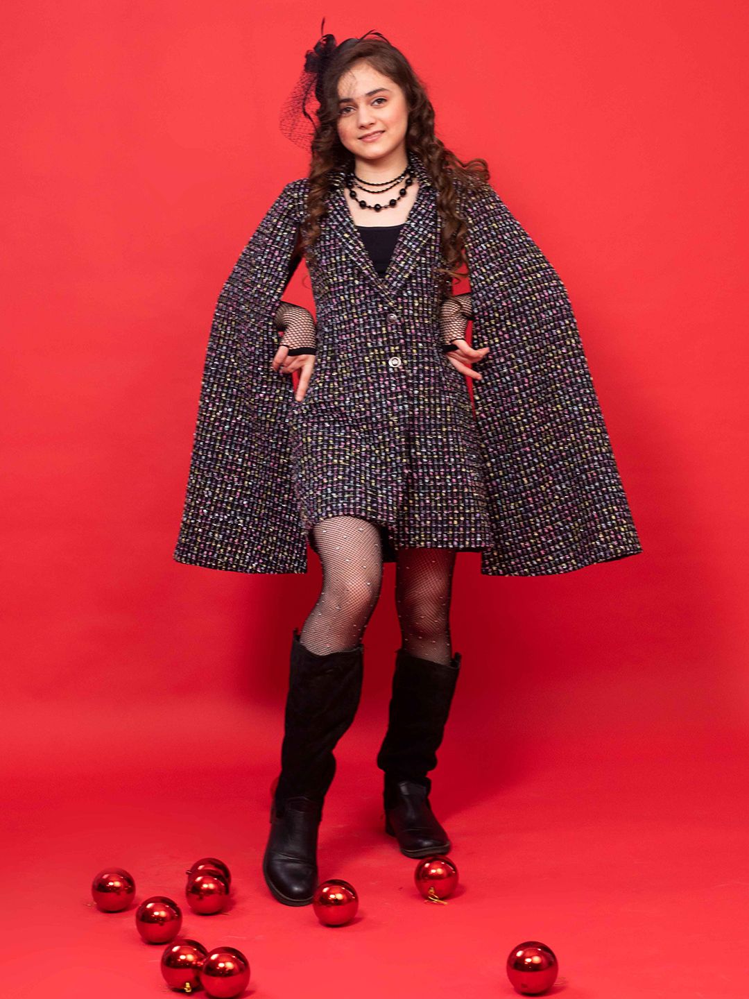 HOITY MOPPET Girls Self Design V-Neck Long Cape Sleeves Silk A-Line Coat Dress-picture-34