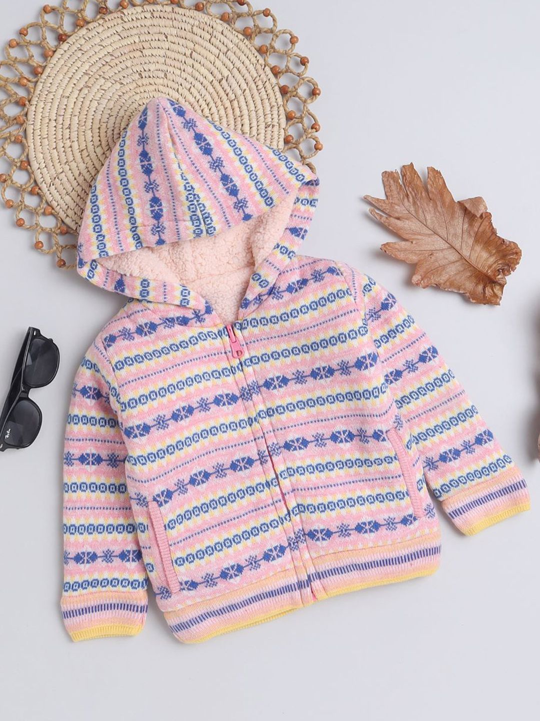 Yellow Apple Girls Ethnic Motifs Printed Hooded Woollen Front-Open Sweater-picture-16