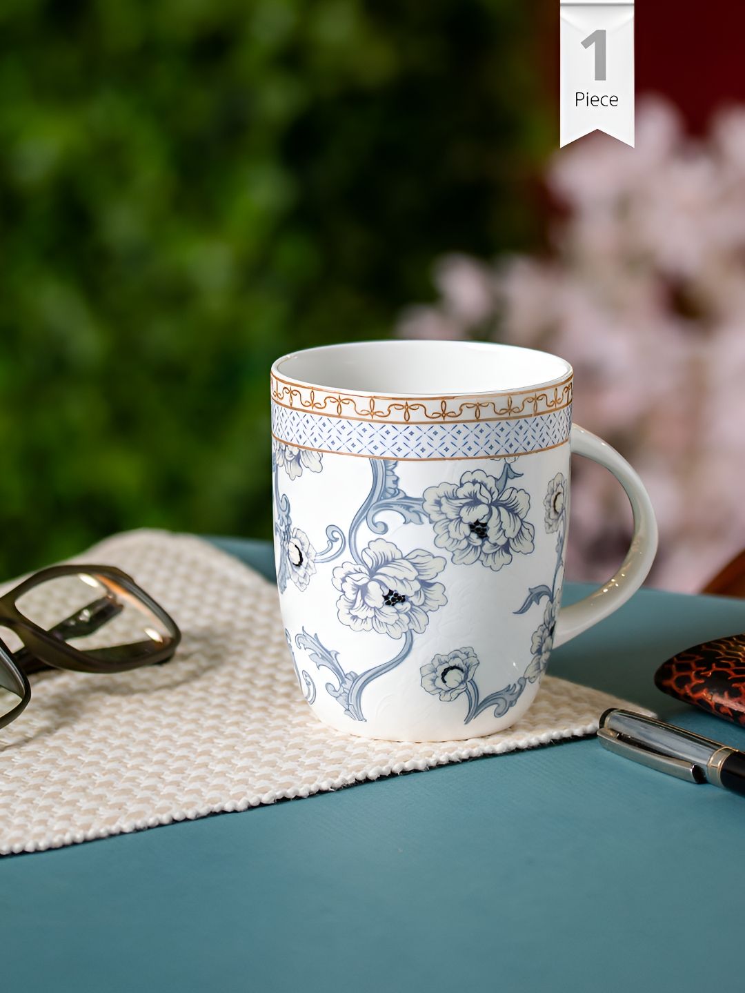 CLAY CRAFT White & Blue Printed Ceramic Glossy Mug 370 ml-image-45