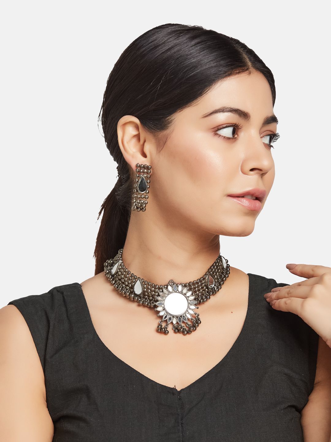 ATIBELLE German Silver Plated & Floral Shaped Mirror Stone Studded jewellery set