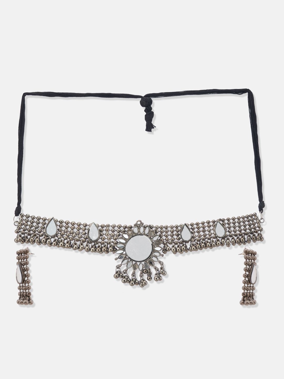 ATIBELLE German Silver Plated & Floral Shaped Mirror Stone Studded jewellery set