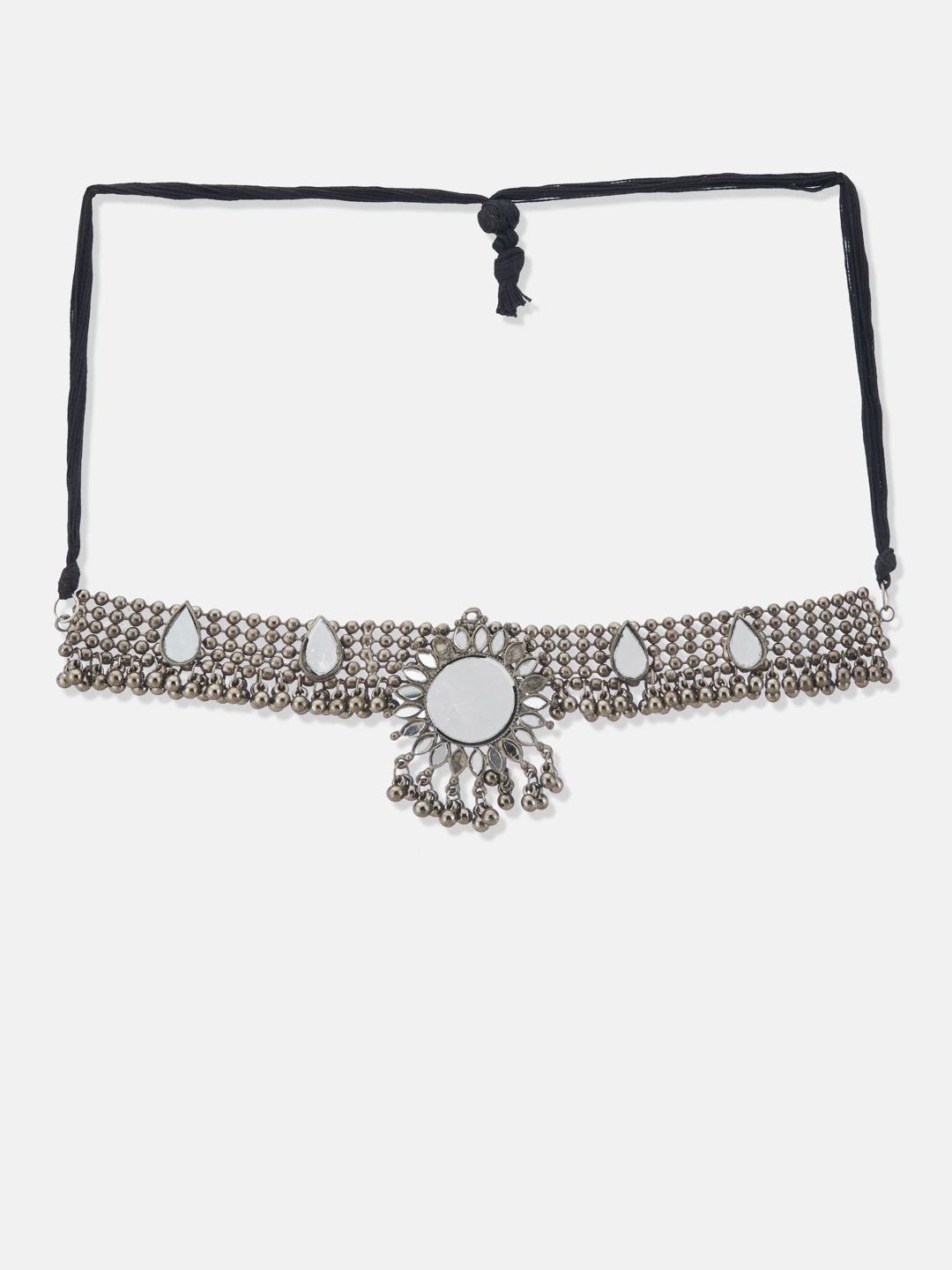 ATIBELLE German Silver Plated & Floral Shaped Mirror Stone Studded jewellery set