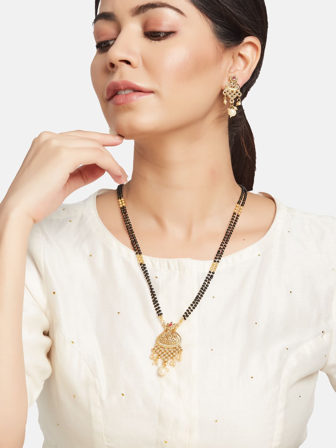 ATIBELLE Gold-Plated Artificial Stones and Beads Mangalsutra