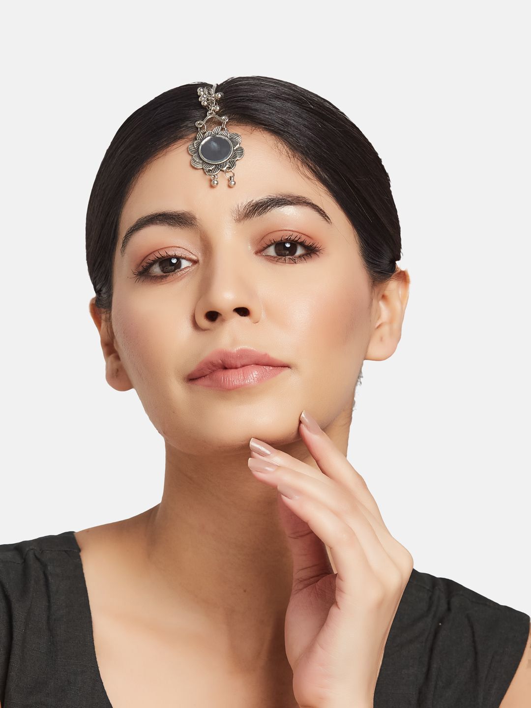 ATIBELLE Silver-Plated Stones and Beads Studded Maang Tikka