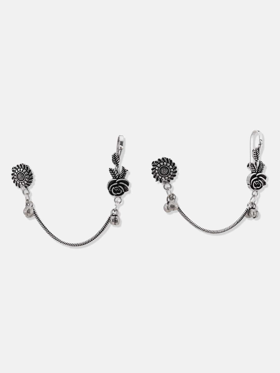 ATIBELLE Silver-Plated Contemporary Oxidised Drop Earrings With Ear-Cuffs