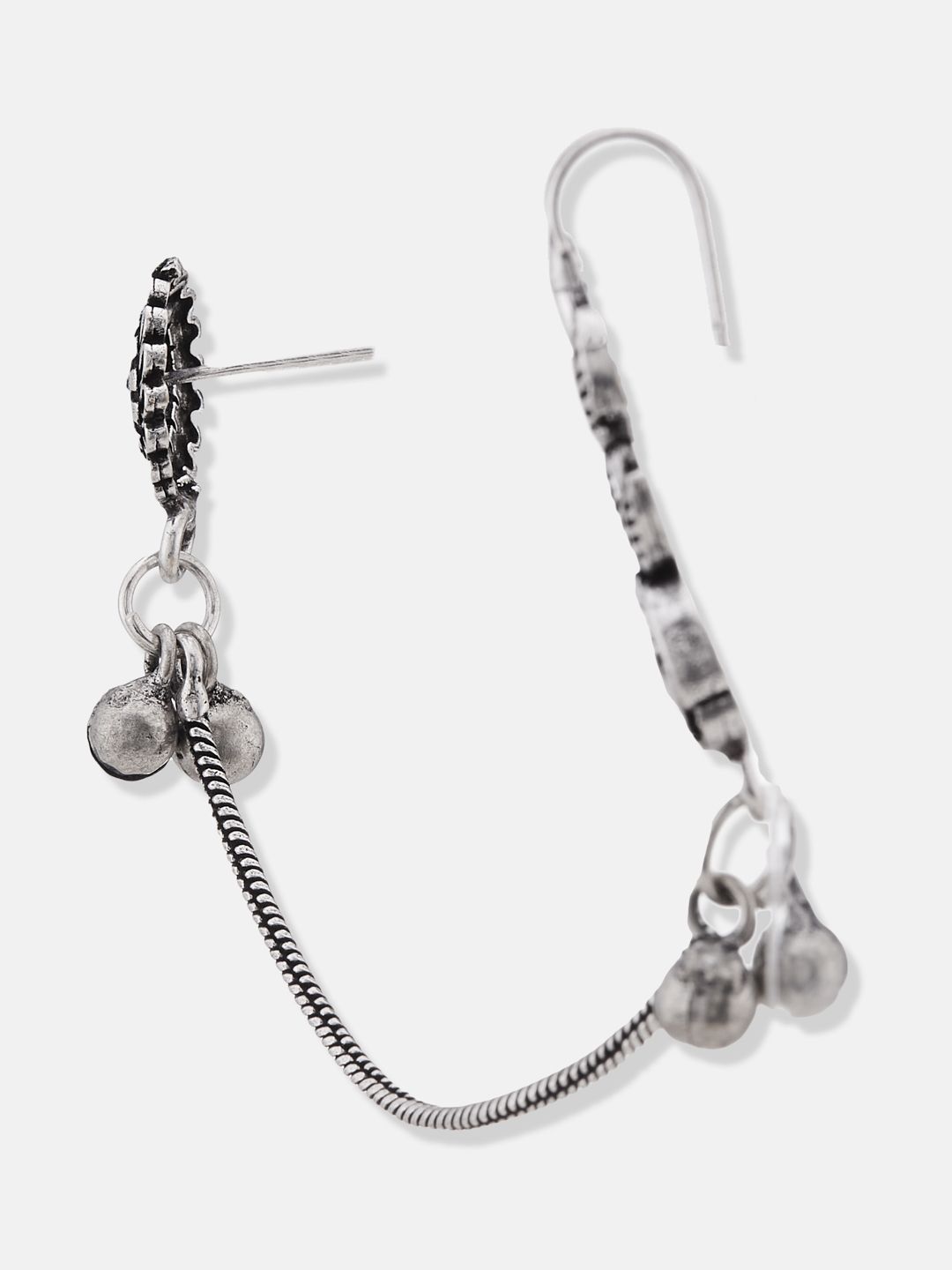ATIBELLE Silver-Plated Contemporary Oxidised Drop Earrings With Ear-Cuffs