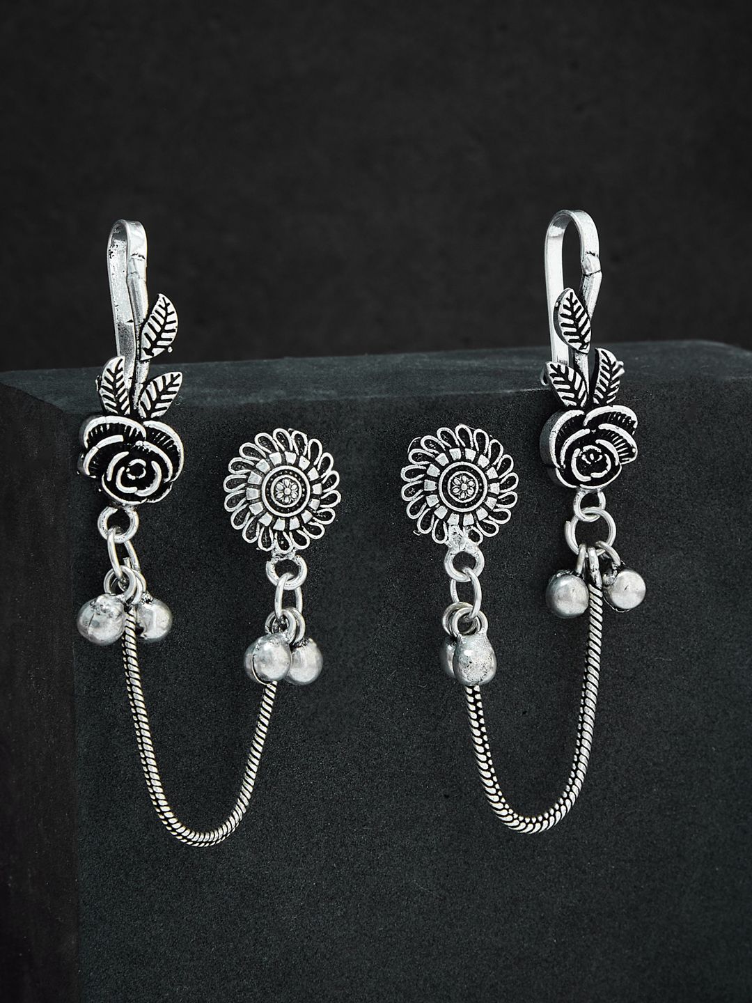 ATIBELLE Silver-Plated Contemporary Oxidised Drop Earrings With Ear-Cuffs