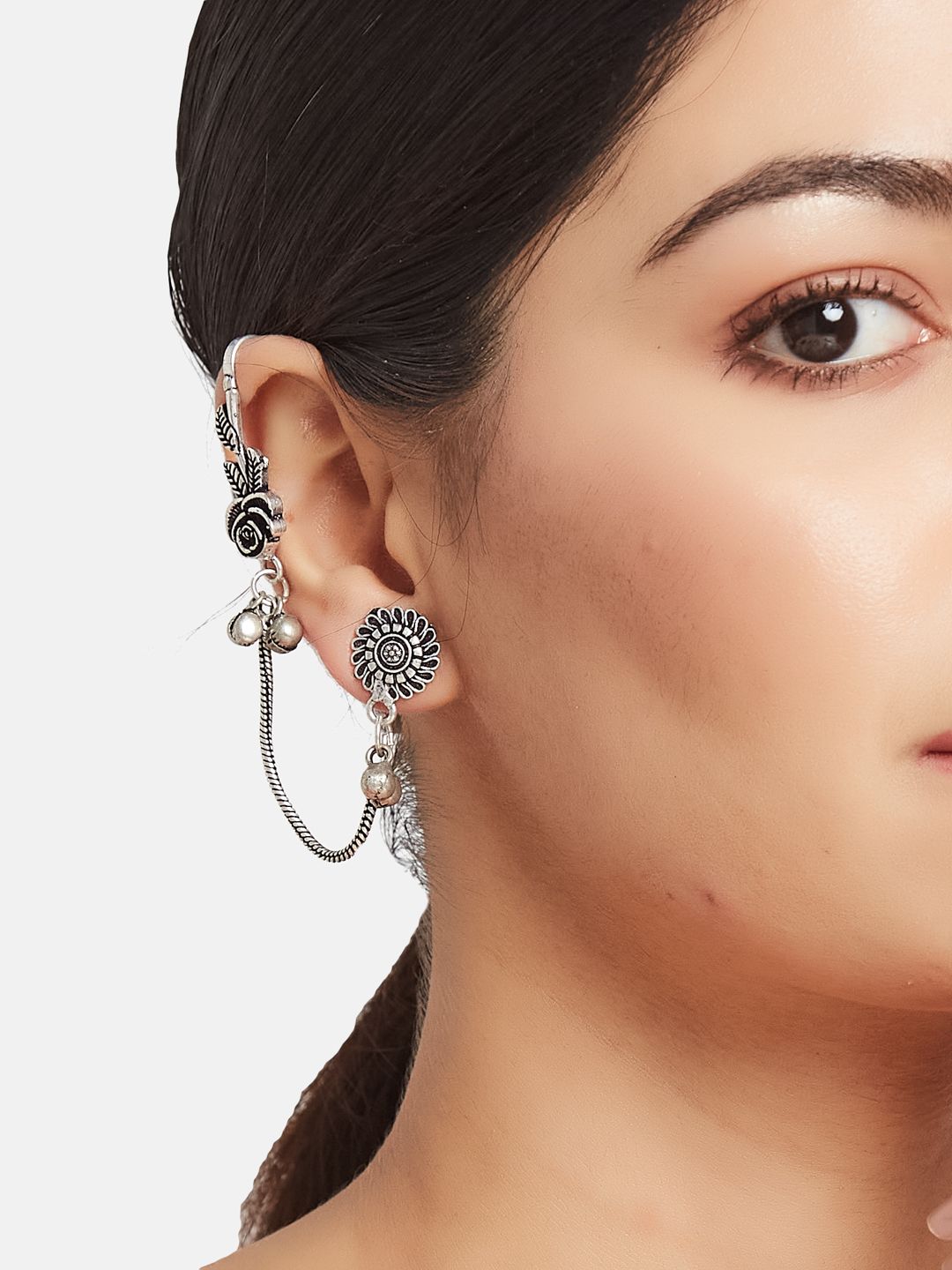 ATIBELLE Silver-Plated Contemporary Oxidised Drop Earrings With Ear-Cuffs