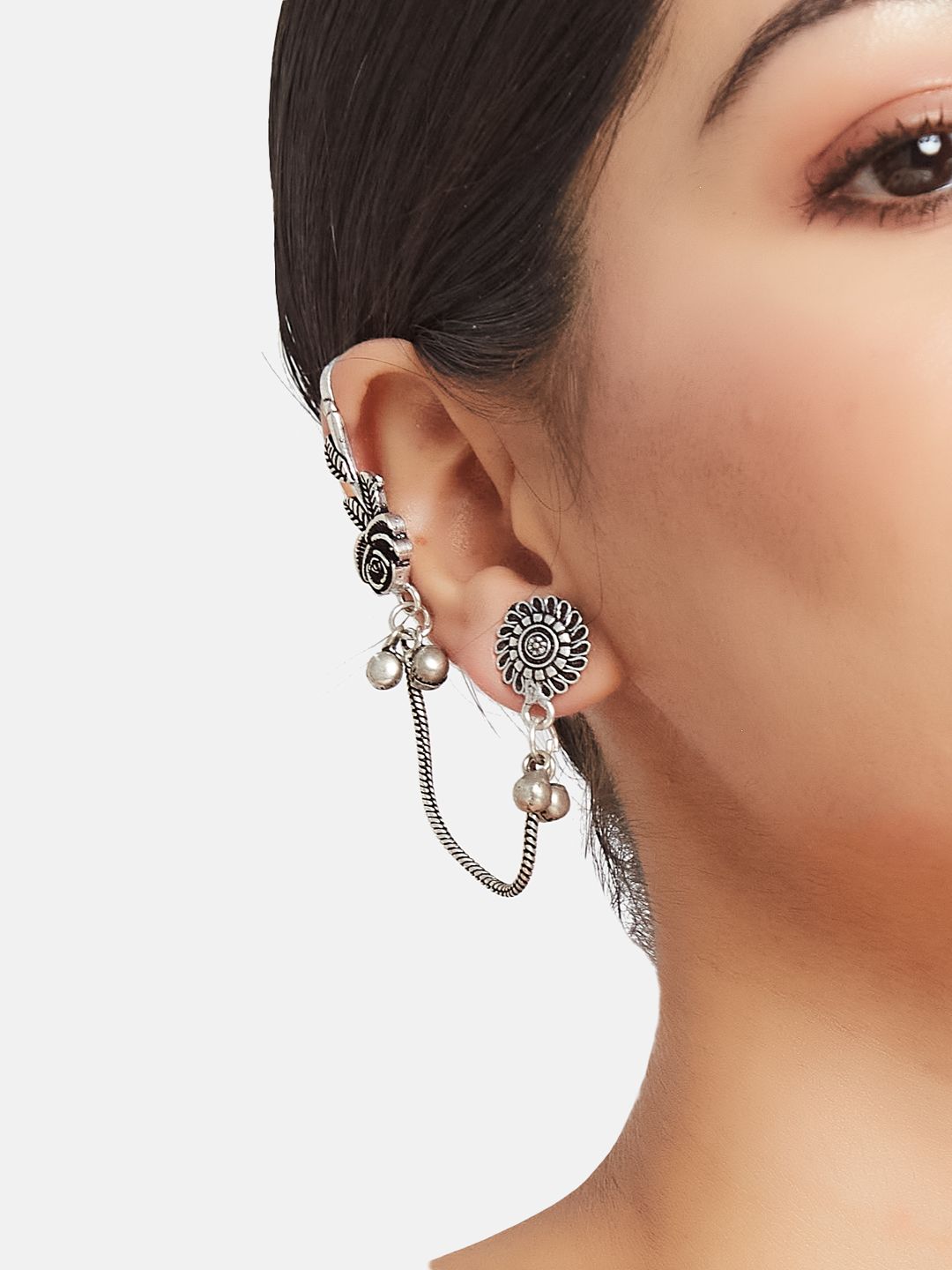 ATIBELLE Silver-Plated Contemporary Oxidised Drop Earrings With Ear-Cuffs