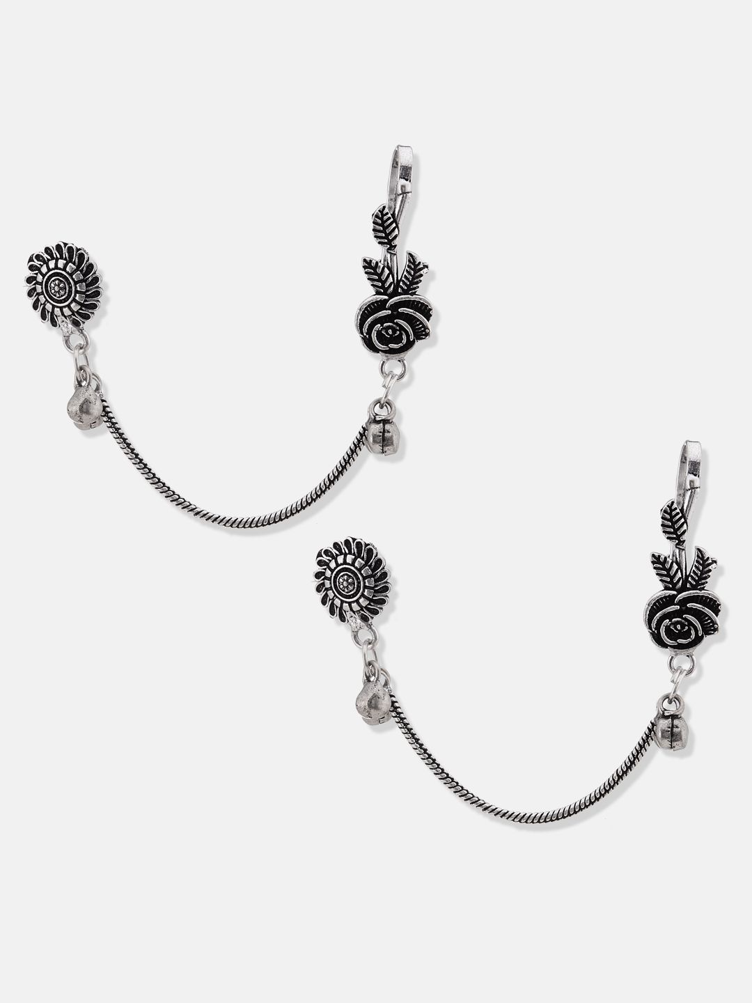 ATIBELLE Silver-Plated Contemporary Oxidised Drop Earrings With Ear-Cuffs