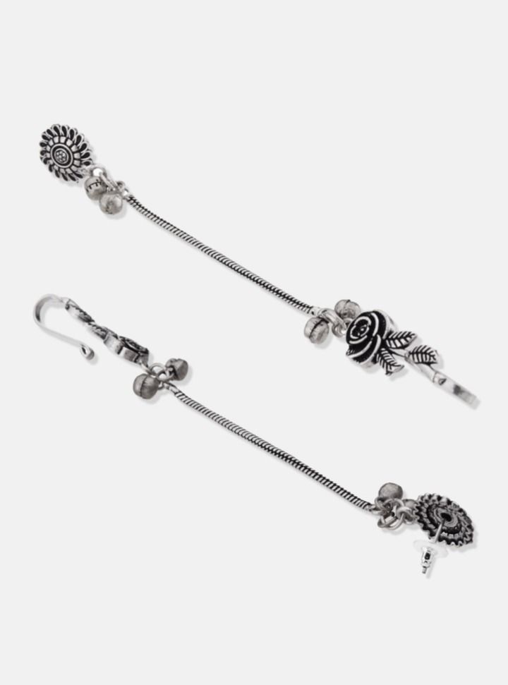 ATIBELLE Silver-Plated Contemporary Oxidised Drop Earrings With Ear-Cuffs