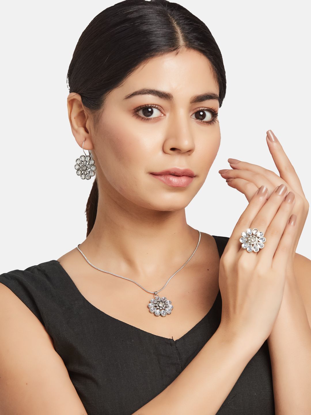 ATIBELLE German Silver-Plated Stone Studded Jewellery Set