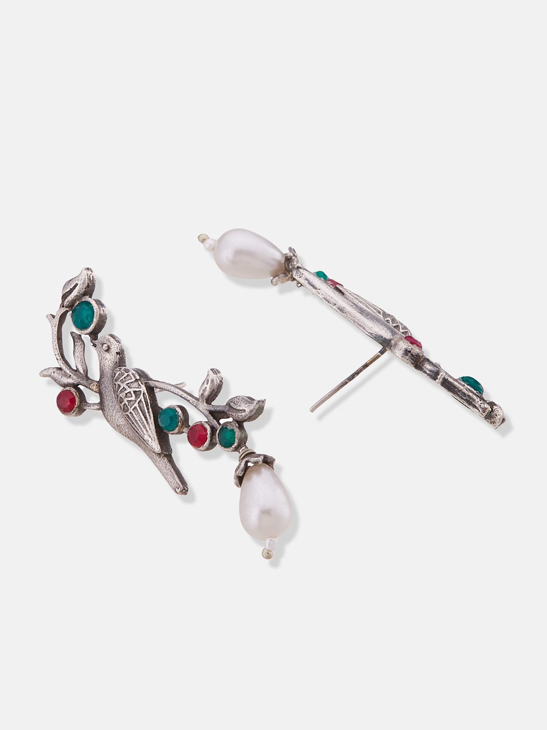 ATIBELLE Silver-Plated Stone-Studded & Beaded Contemporary Drop Earrings