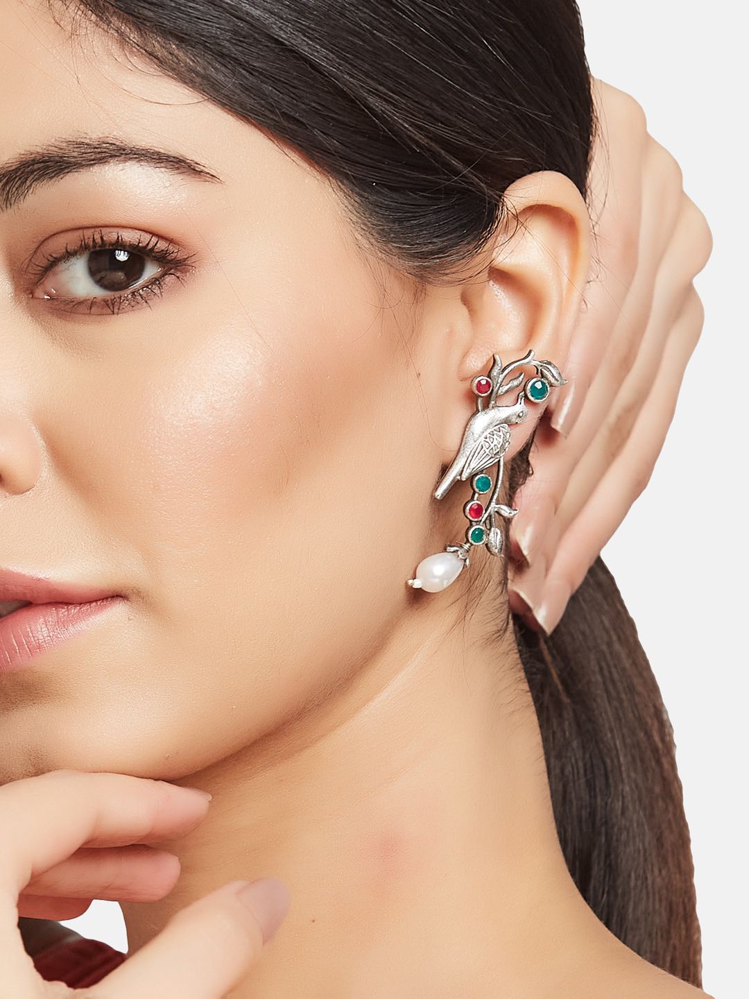 ATIBELLE Silver-Plated Stone-Studded & Beaded Contemporary Drop Earrings