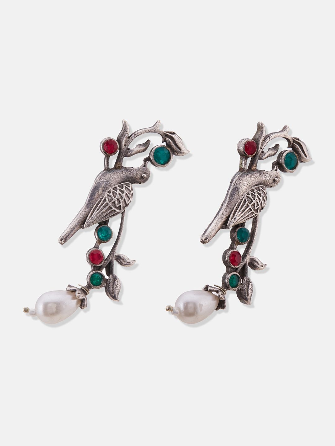 ATIBELLE Silver-Plated Stone-Studded & Beaded Contemporary Drop Earrings