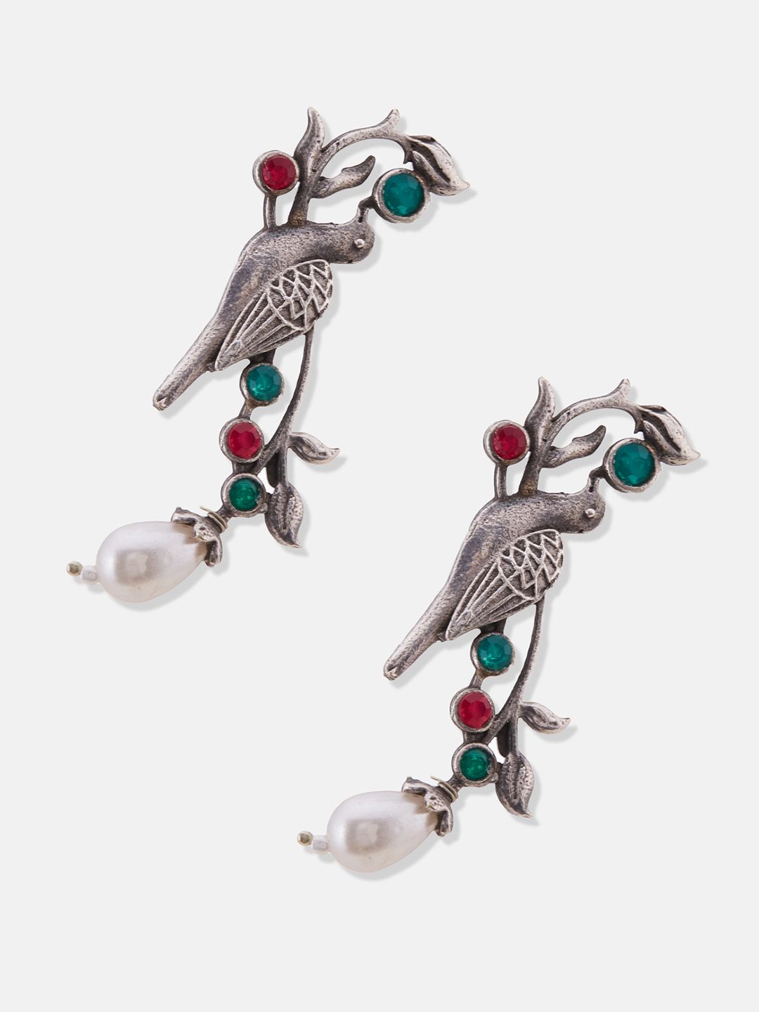 ATIBELLE Silver-Plated Stone-Studded & Beaded Contemporary Drop Earrings