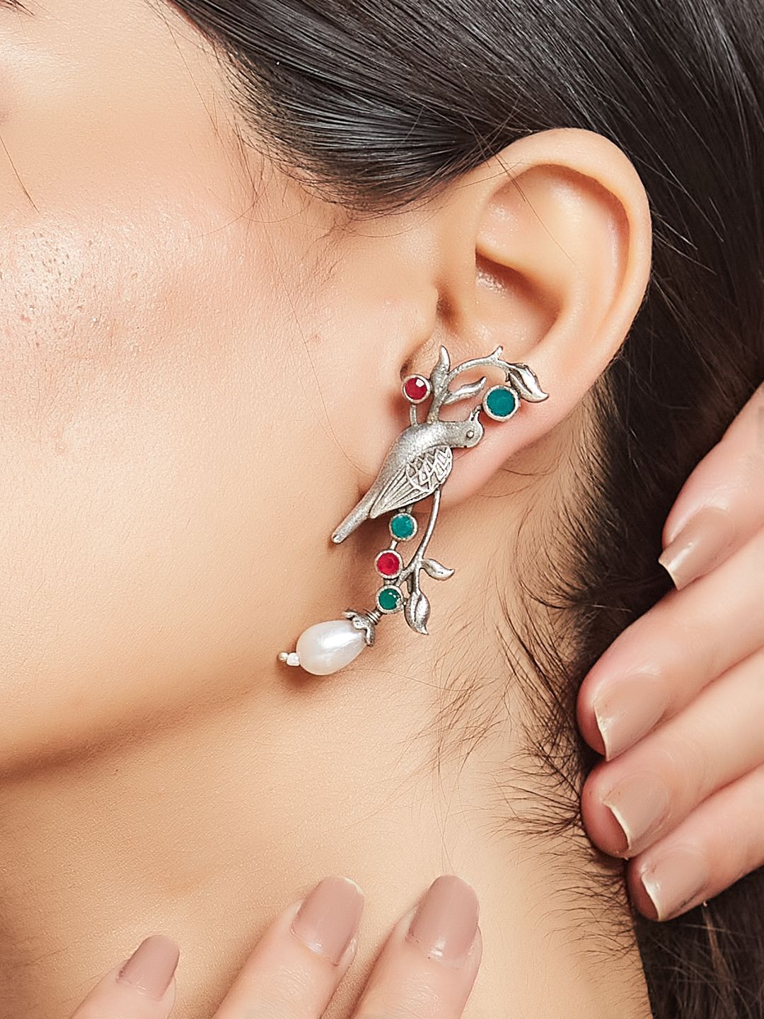 ATIBELLE Silver-Plated Stone-Studded & Beaded Contemporary Drop Earrings