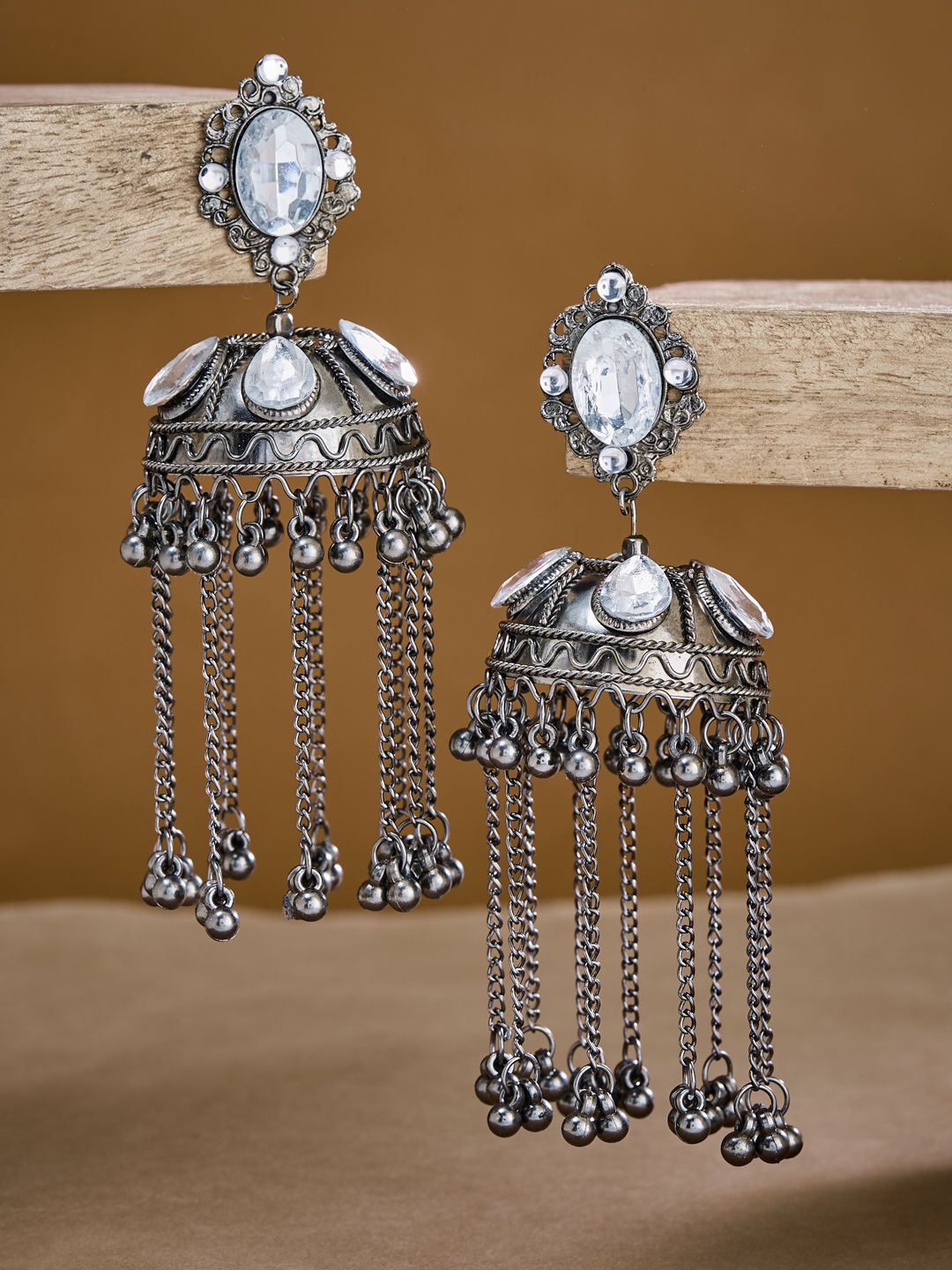 ATIBELLE Silver-Plated Stone Studded Dome Shaped Jhumkas-picture-32