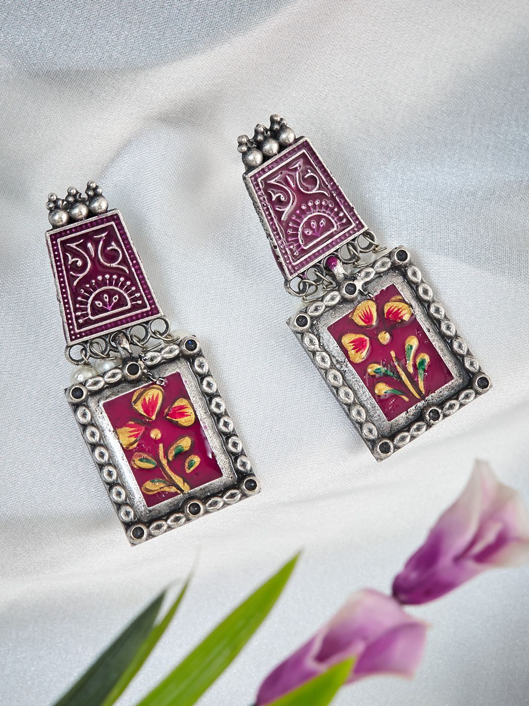 ATIBELLE Silver-Plated Beaded Contemporary Oxidised Drop Earrings-picture-20