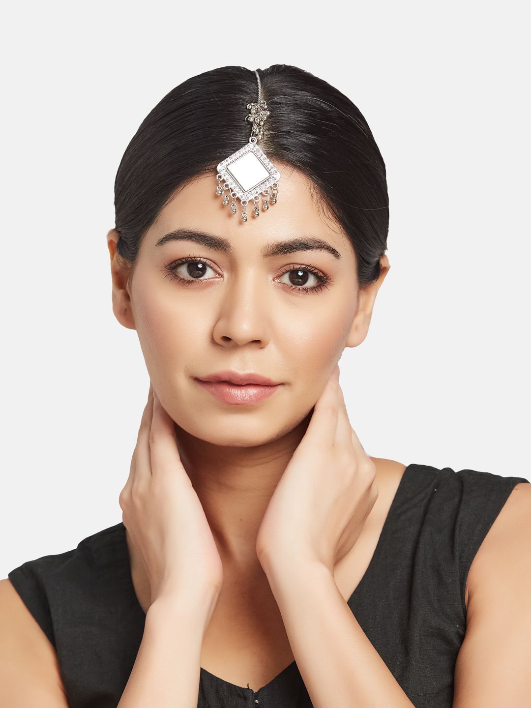 ATIBELLE Silver-Plated Mirror Stones-Studded and Beaded Maang Tikka