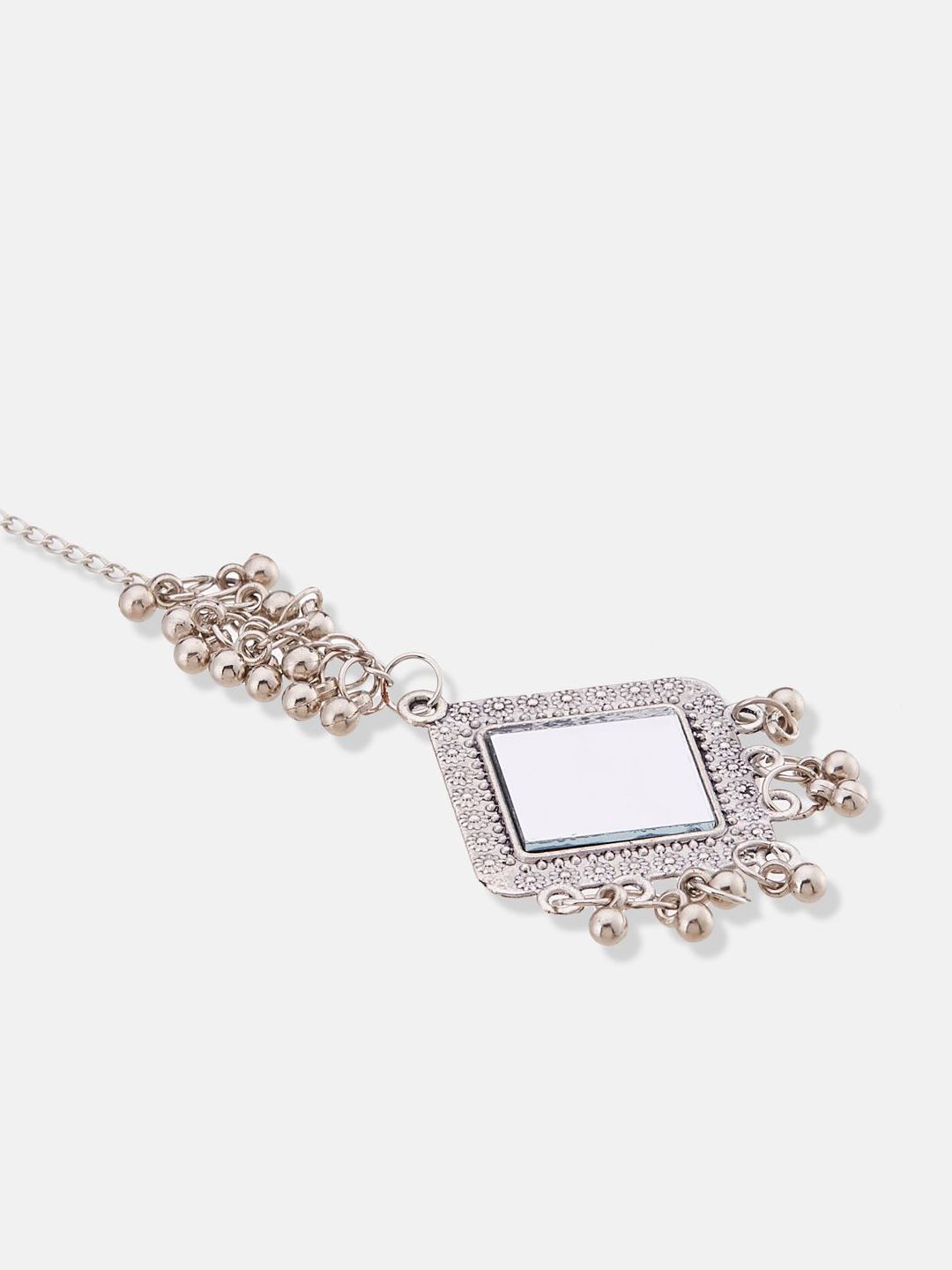 ATIBELLE Silver-Plated Mirror Stones-Studded and Beaded Maang Tikka