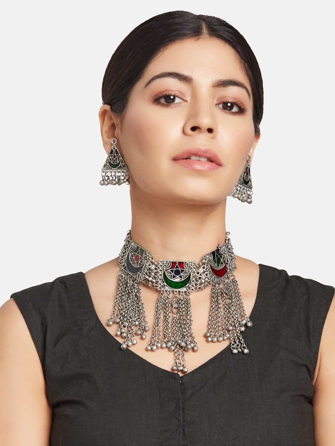 ATIBELLE German Silver-Plated Meenakari Ghunghroo Stone Studded Jewellery set