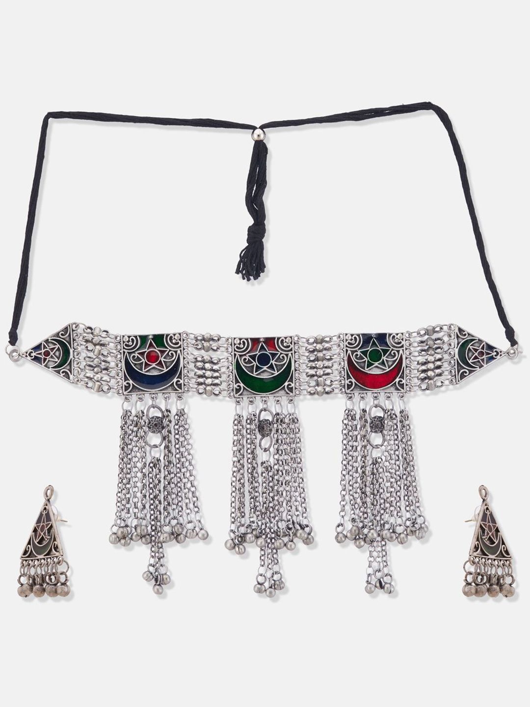 ATIBELLE German Silver-Plated Meenakari Ghunghroo Stone Studded Jewellery set